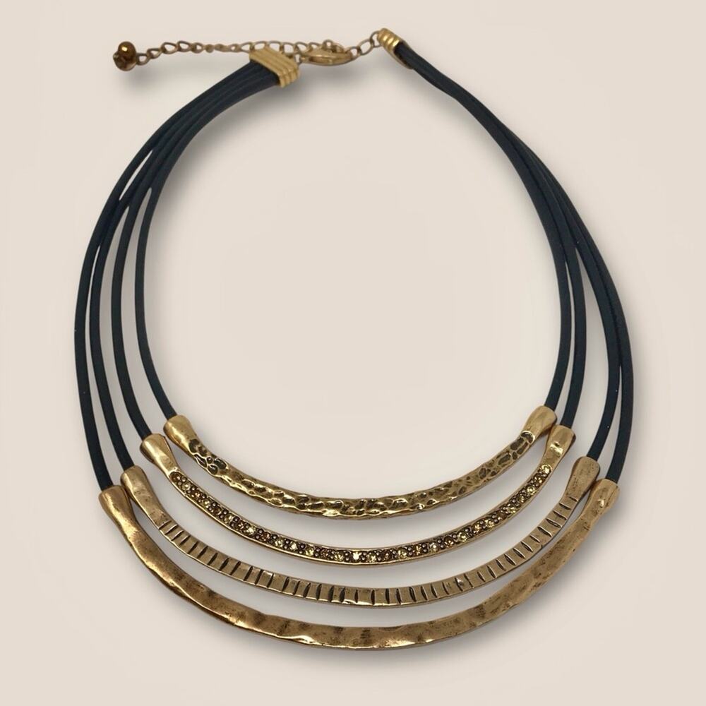 Bib Gold & Black Necklace 4 Tiers Brass and Leather with Amber Rhinestones